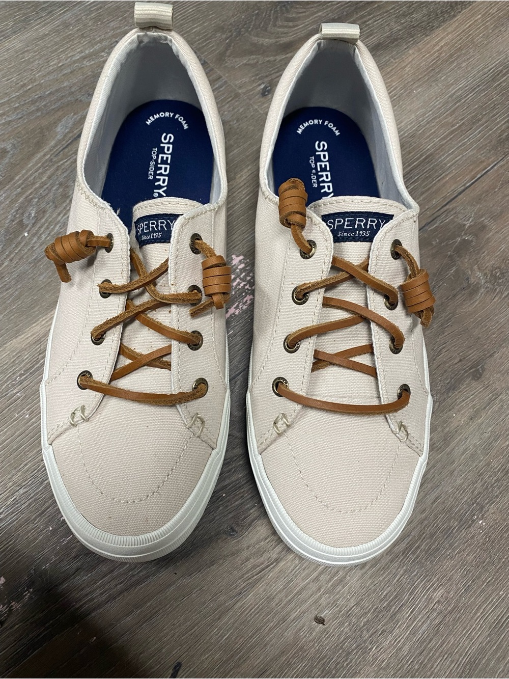 Sperry Women’s Cream Canvas Boat Sneakers with Brown Laces